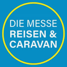 Logo der "Die Messe Reisen & Caravan": Gelber Kreis umgibt blauen Hintergrund mit weißem Text.
