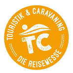Gelber Aufkleber "Touristik & Caravaning" mit stilisierter Person, Schriftzug "TC" und "DIE REISEMESSE" in Weiß.